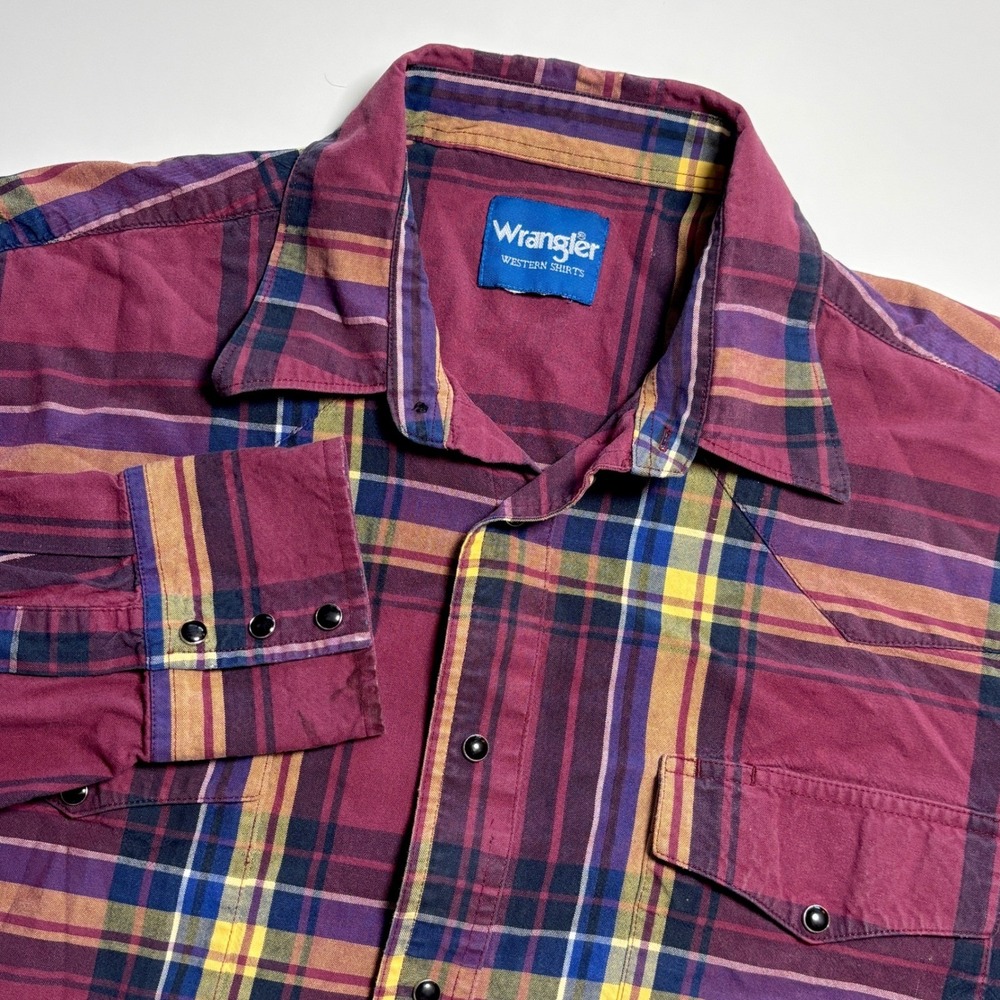 Wrangler VTG Western Shirt Burgundy Plaid Mens Xl Long Sleeve Snap‎ Button 90s